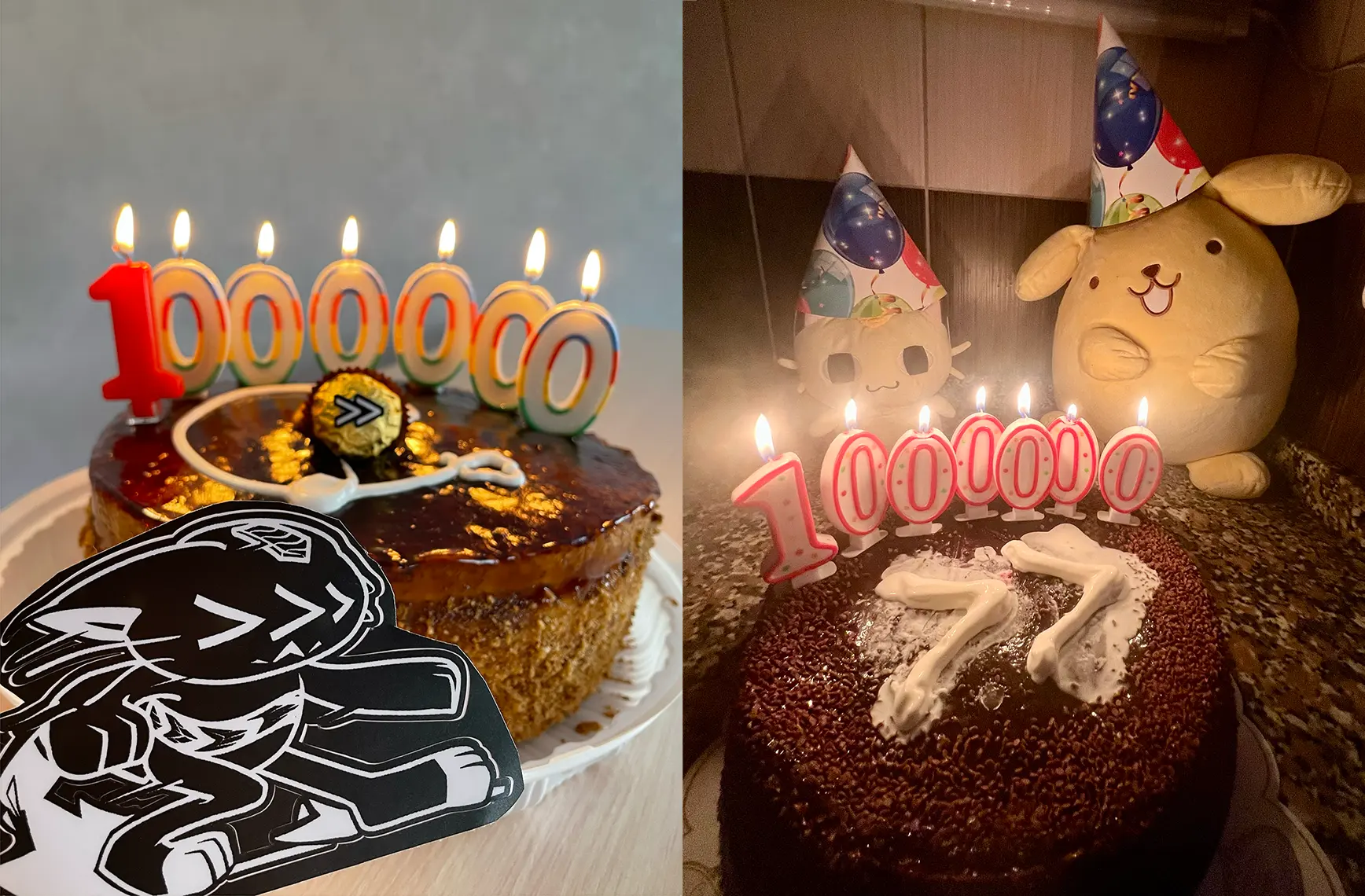 collage of two photos, side by side. left photo: brown cake with 7 lit candles forming 1000000 and one ferrero rocher candy in the middle with cobalt (double greater than symbol) logo on it. right photo: chocolate cake with 7 lit candles forming 1000000 and cobalt logo formed with whipped cream on the cake. two plushes of meowth and pompompurin in party hats are seen behind the cake.